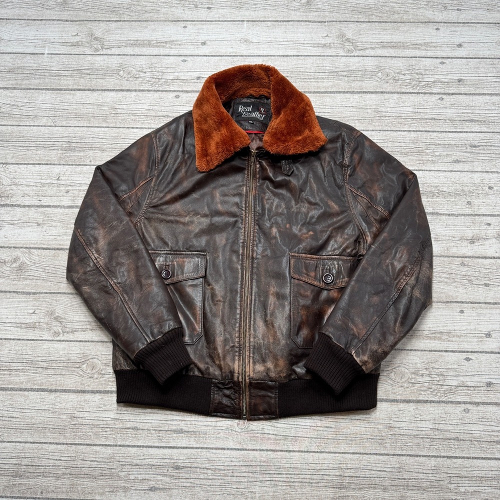 Vintage Real Leather Jacket Men's XL Brown Faux Fur Collar Aviator Style Bomber